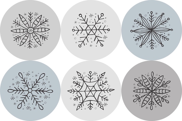 A set of handdrawn snowflakes Vector illustration in doodle style Winter mood Hello 2023 Merry Christmas and Happy New Year Gray elements on a gray background