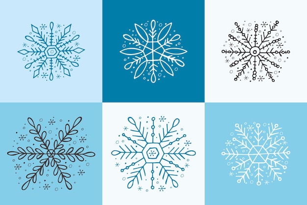 A set of handdrawn snowflakes Vector illustration in doodle style Winter mood Hello 2023 Merry Christmas and Happy New Year White blue and gray elements on a light blue background