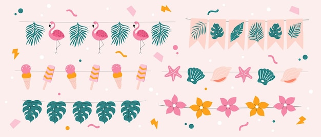 Set of handdrawn summer garlands Bright and colourful palm leaves ice cream flowers and shells