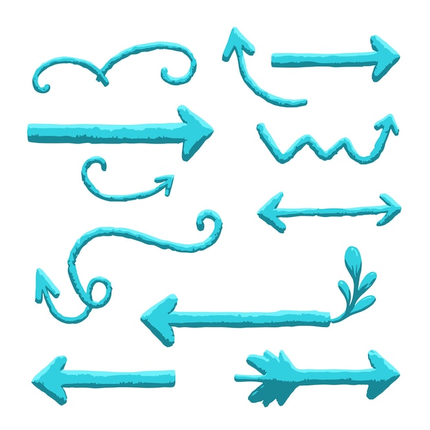 Set of handdrawn turquoise arrows with various shapes and designs on white background