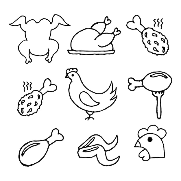 set of handdrawn varied icons on the theme of chicken meat and chicken dishes