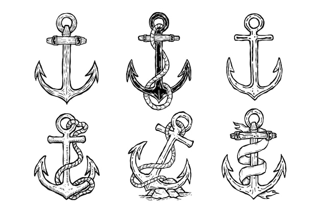 a set of handdrawn vintage anchor line art illustration