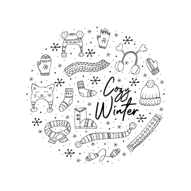 A set of handdrawn winter clothing Vector illustration in doodle style Winter mood Hello 2023 Merry Christmas and Happy New Year Black elements in the shape of a circle on a white background