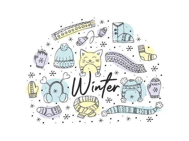 Vector set of handdrawn winter clothing vector illustration in doodle style winter mood hello 2023 merry christmas and happy new year black elements with color circles in the shape of a circle