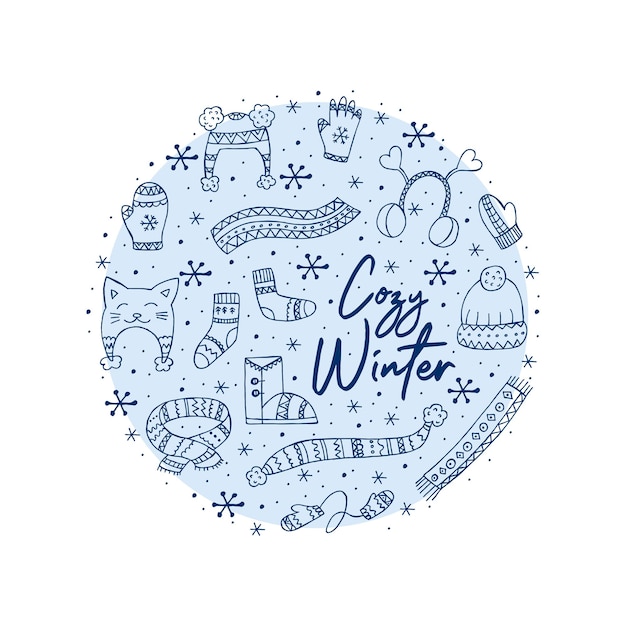 A set of handdrawn winter clothing Vector illustration in doodle style Winter mood Hello 2023 Merry Christmas and Happy New Year Blue elements in the shape of a circle on a white background