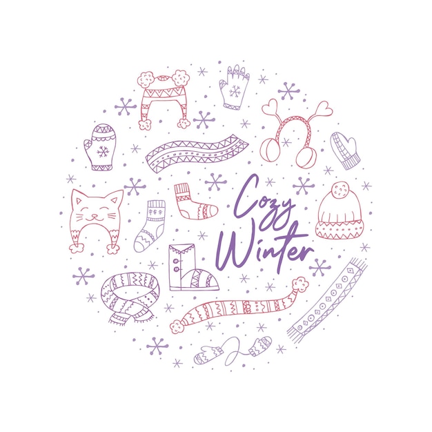 A set of handdrawn winter clothing Vector illustration in doodle style Winter mood Hello 2023 Merry Christmas and Happy New Year Pink and violet elements in the shape of a circle