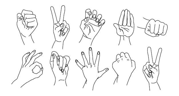 Set of hands in a collection of various gestures, simple linear doodle sketch