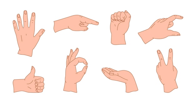 A set of hands in different gestures Showing signals Silhouettes of hands in various situations