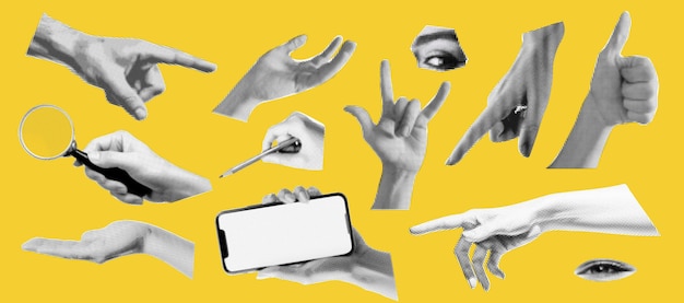 Set of hands gestures at the popart style and halftone effect on the bright yellow background Trendy zine dadaizm elements isolated as a png Vintage white and black retro collection