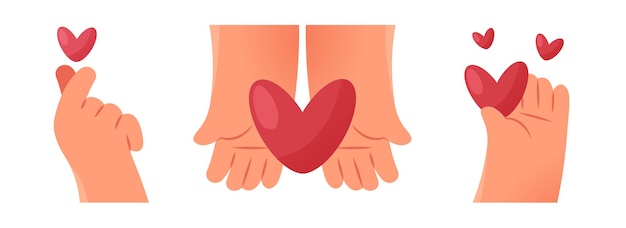 Set of hands and gestures with hearts. Finger heart gesture. Heart in the palms. Hand holds the heart. Love, sympathy or charity concept.