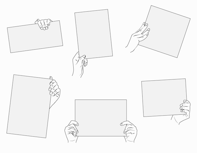 Set of hands holding blank piece of paper for messages. Female hands holding different banners.