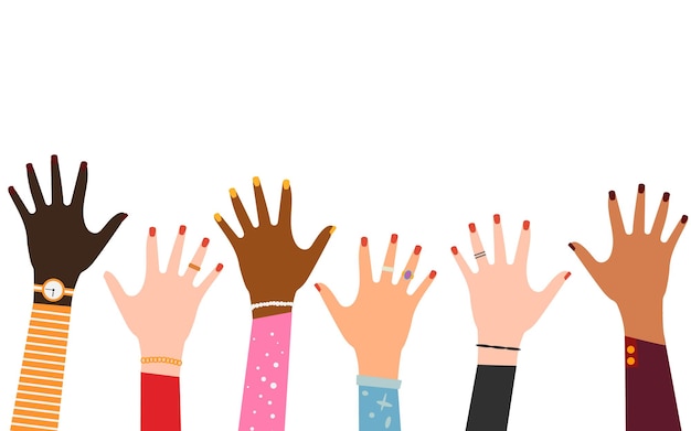 Set of hands raised up Group of diverse human arms with accessories rising together Vector illustration