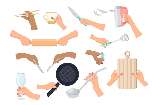 Set Hands with Kitchenware Isolated on White Background. Female Arms Holding Knife, Mixer and Rolling Pin, Cooking Pan, Soup Ladle, Turner with Salt or Cutting Board. Cartoon Vector Illustration