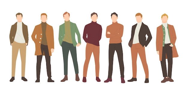 Vector set of handsome man posing in stylish autumn outfits people flat design illustration