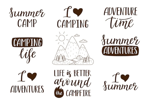 A set of handwritten phrases for summer vacation tourism hiking adventure camping Hand lettering and mountain landscape Text elements Black and white flat vector illustration isolated on white