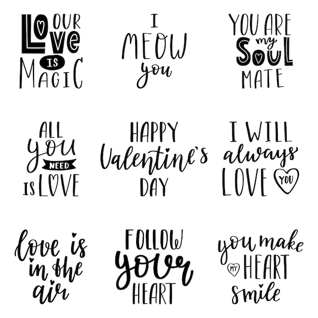 A set of handwritten words and phrases for the design of Valentine's Day cards Hand lettering Black and white handdrawn vector silhouettes isolated on a white background