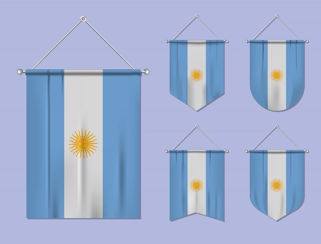 Set of hanging flags Argentina with textile texture. Diversity shapes of the national flag country. Vertical template pennant.