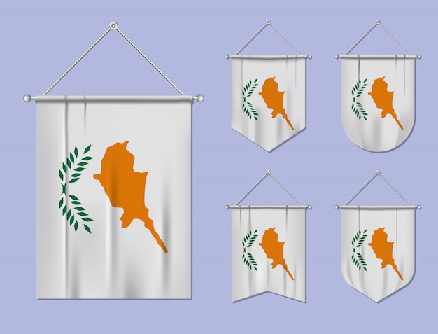 Set of hanging flags Cyprus with textile texture. Diversity shapes of the national flag country. Vertical template pennant