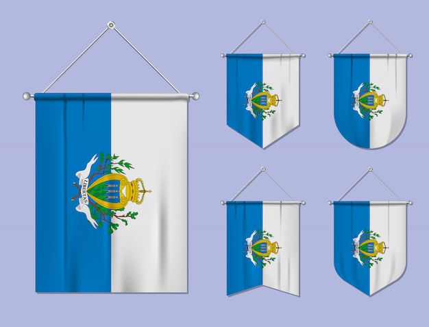 Set of hanging flags San Marino with textile texture. Diversity shapes of the national flag country. Vertical template pennant.