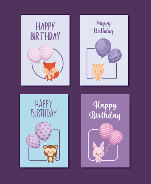 Set of happy birthday cards with cute animals