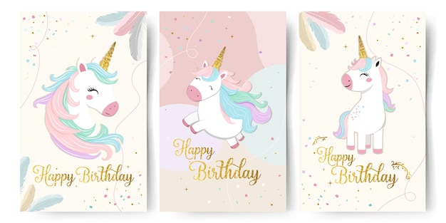 Set of Happy birthday cards with cute unicorn and golden phrase Gentle templates frames Golden horn