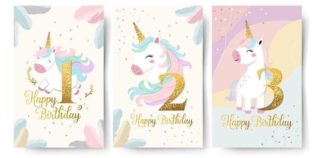 Vector set of happy birthday cards with cute unicorn and numbers 1 2 3 gentle templates frames golden horn