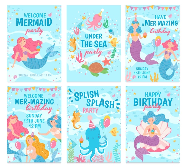 Set of Happy birthday cards with Mermaids