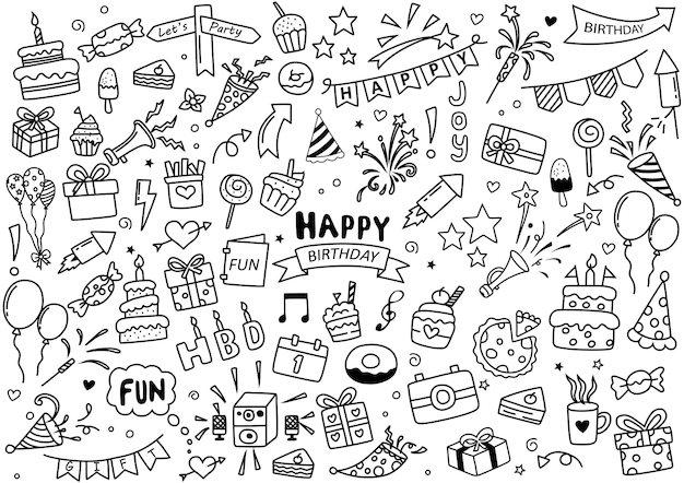 Set of Happy Birthday doodle elements isolated on white background Vector illustration