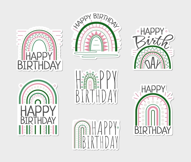 Set of Happy Birthday stickers with colorfulrainbow and signs