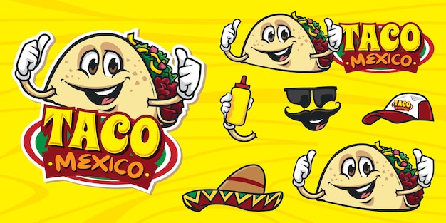 Set of happy cartoon taco logo