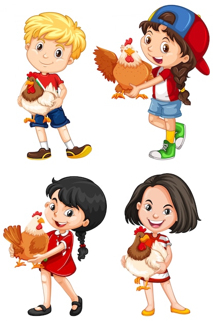 Set of happy children and chicken on white background