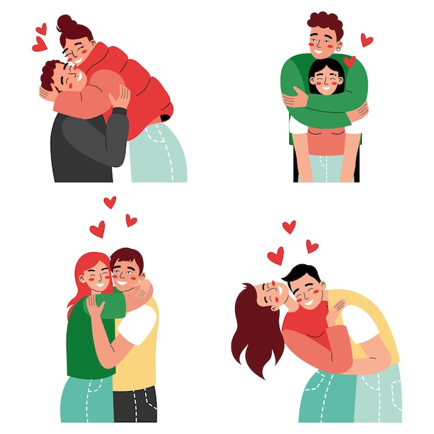 Set of happy couples in romantic relationships. Men and women hugging or cuddling.