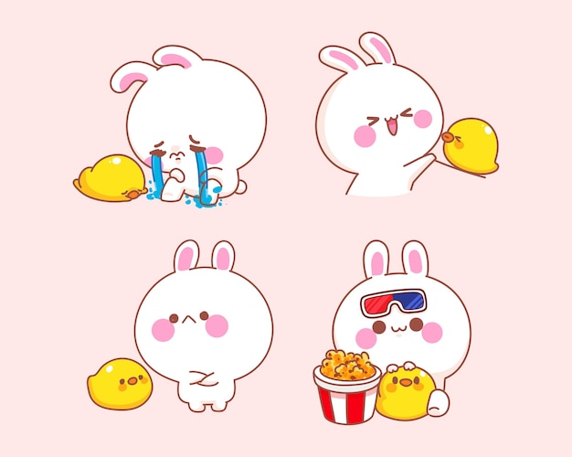 Set of happy cute rabbit with duck cartoon illustration