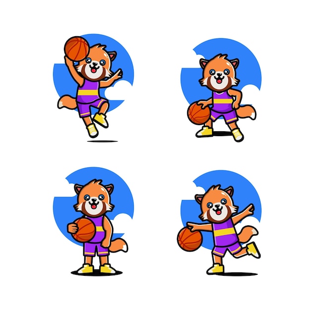 Set of happy cute red panda playing basketball