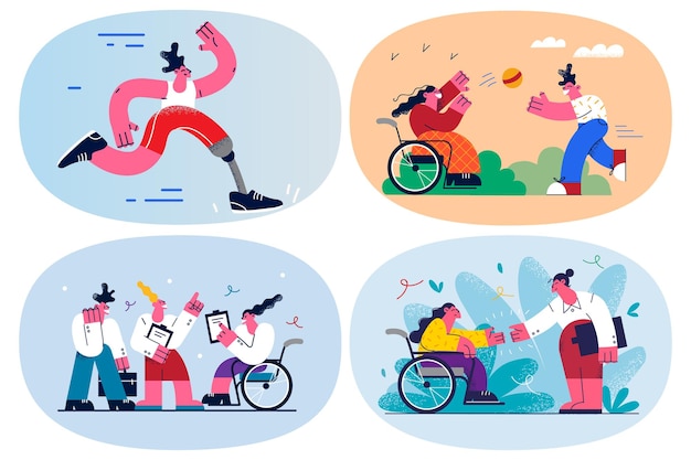 Set of happy diverse people with disabilities satisfied with good life quality. Collection of person having chronic physical disability living full joyful live. Equality concept. Vector illustration.