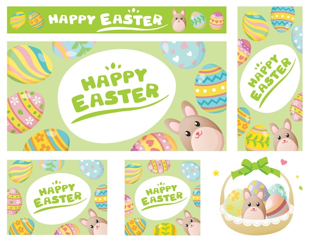 Set of Happy Easter banner with cute bunny and eggs. Vector illustration.