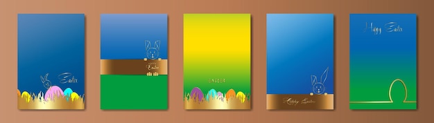 Set Happy Easter colorful cards, paper cut style, gold Rabbit and Eggs, golden green grass, fashion