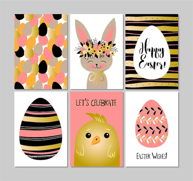 Set of Happy easter day greeting cards Vector illustrations eps10