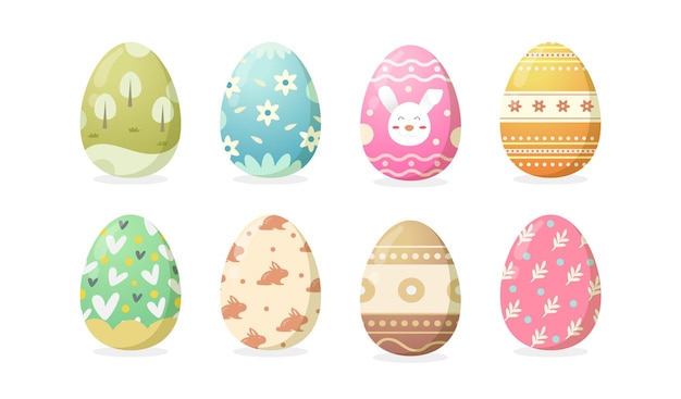 Set of Happy Easter eggs with different texture or pattern on white background. Cute eggs  on spring holiday.