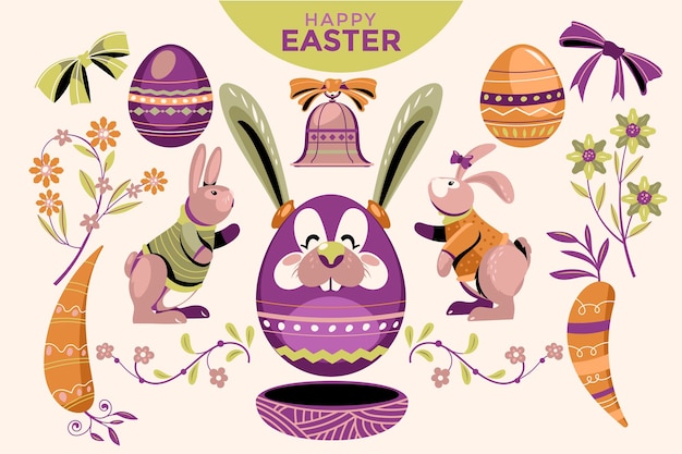 Set of Happy Easter Elements for Decoration or Greeting Card