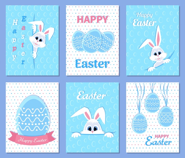 Set of Happy Easter greeting and invitation cards. White cute Easter Bunny peeking out of a hole, ribbon, eggs, inscription in the middle. Perfect for presents and gifts.  illustration.