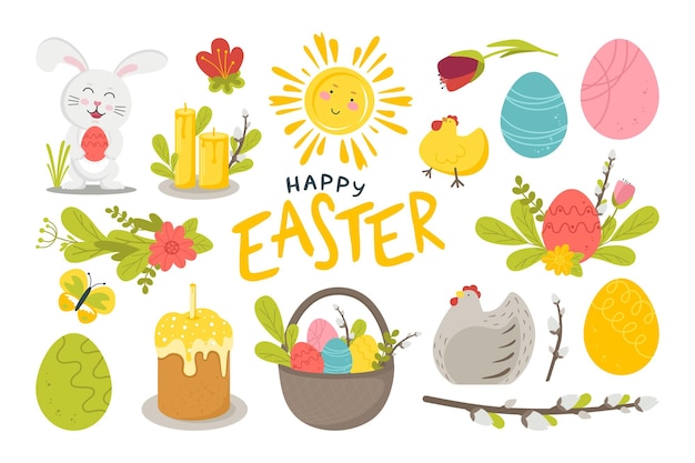 A set for the Happy Easter holiday with rabbit eggs flowers willow and other attributes  Vector