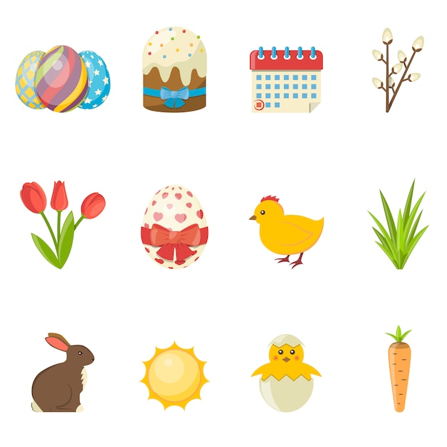 Set of Happy Easter icons. Vector flat Illustration