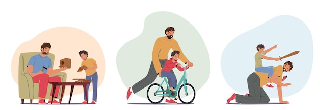 Set of Happy Family Characters Dad and Little Son Spend Time Together Building Bird House Riding Bicycle Playing in Knights Child Riding on Father Back Cartoon People Vector Illustration