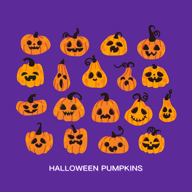 Set of Happy Halloween pumpkins smiles on purple background. Flat style vector design elements.