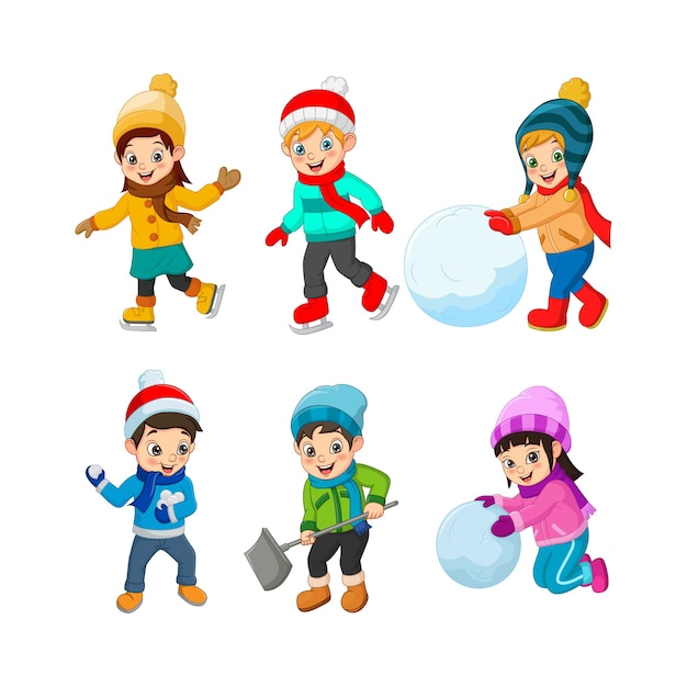 Set of Happy kids winter activities