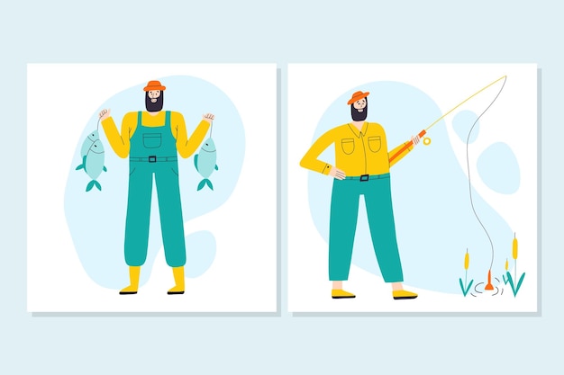 Set of happy man fishing Collection of male fishermen Vector hand drawn illustration Fishing concept