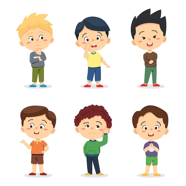 Set of Happy multiethnic preschool boys standing in different action