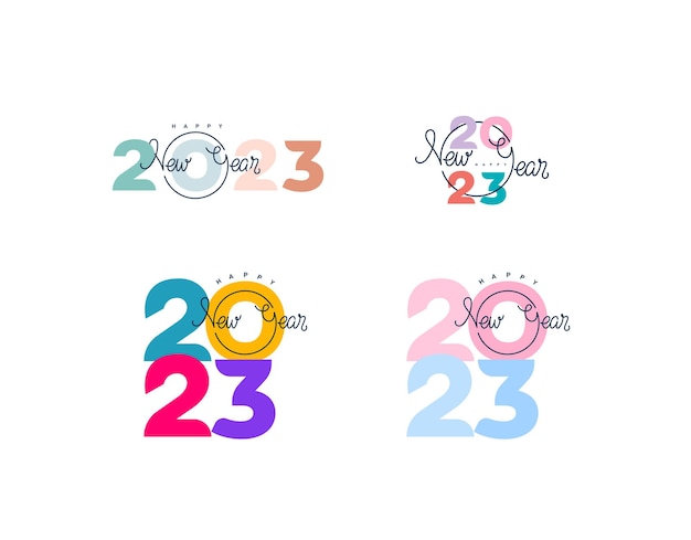 Set of Happy New Year lines lying on multicolored numbers 2023 for poster brochure banner web ticket 2023 Numbers and handwritten letters Hand drawn vector illustration Isolated background