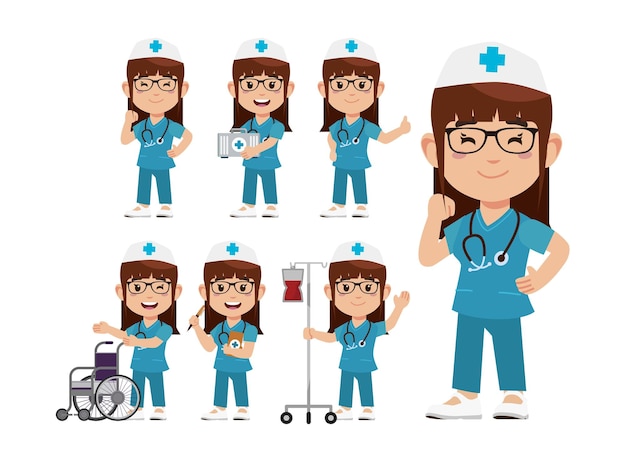 Vector set of happy people in nurse uniform with different acting